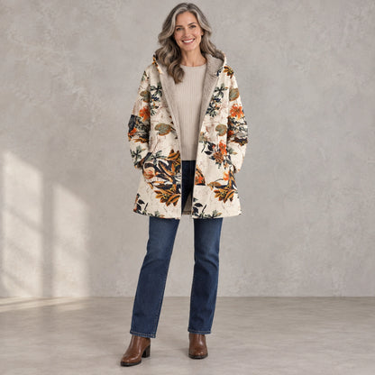 winter coat — Full front view; Orange Floral; complete product worn by a happy adult model — view 3
