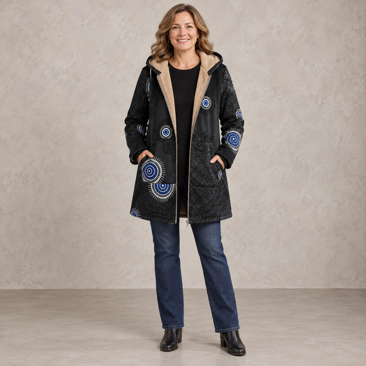 winter coat — Full front view; Black Mandala; complete product worn by a happy adult model — view 4