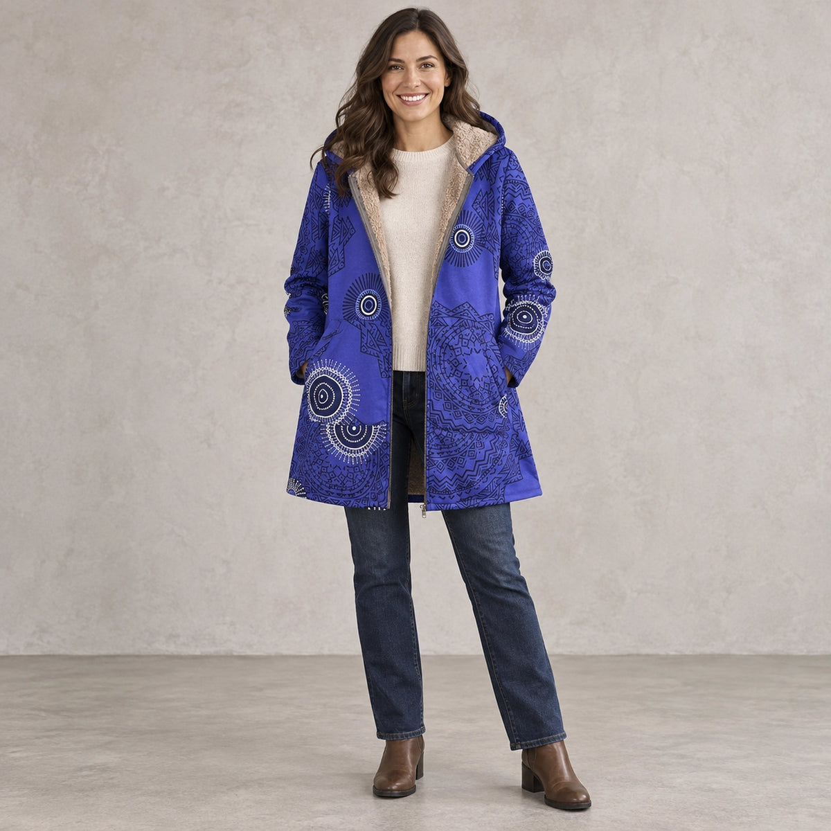 winter coat — Full front view; Blue Mandala; complete product worn by a happy adult model — view 5