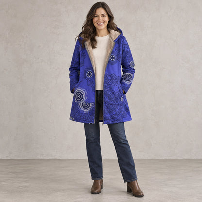 winter coat — Full front view; Blue Mandala; complete product worn by a happy adult model — view 5