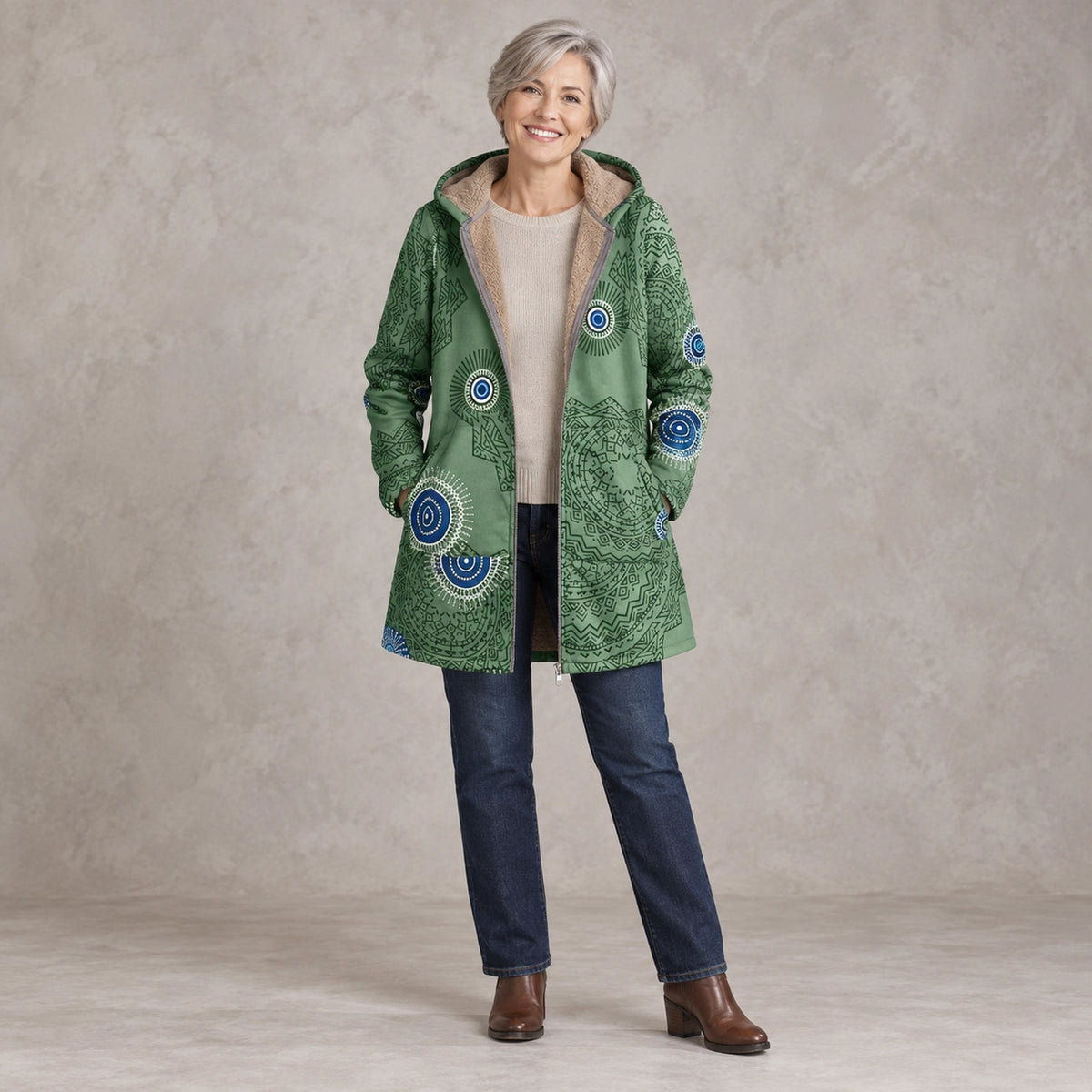 winter coat — Full front view; Green Mandala; complete product worn by a happy adult model — view 6