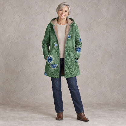 winter coat — Full front view; Green Mandala; complete product worn by a happy adult model — view 6