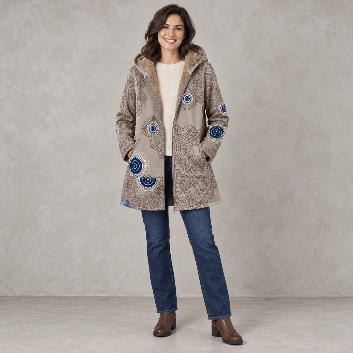 winter coat — Full front view; Taupe Mandala; complete product worn by a happy adult model — view 7