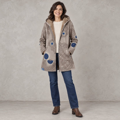winter coat — Full front view; Taupe Mandala; complete product worn by a happy adult model — view 7