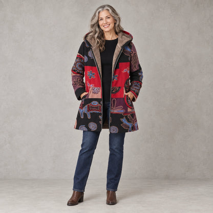 winter coat — Full front view; Multicolor Geometric; complete product worn by a happy adult model — view 9
