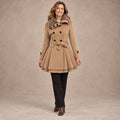 winter coat — Image; full front view; Camel; complete product worn by a happy adult model