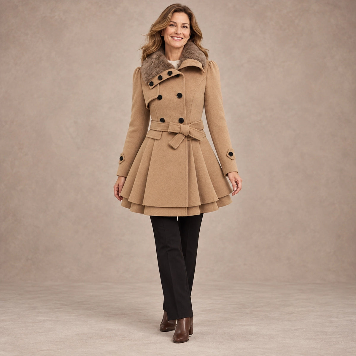 winter coat — Image; full front view; Camel; complete product worn by a happy adult model