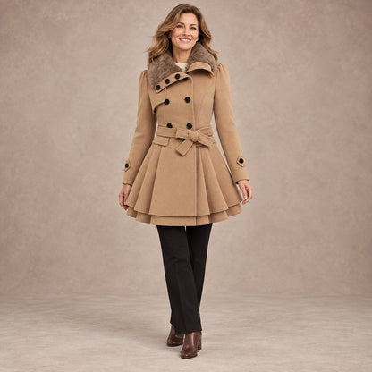 winter coat — Image; full front view; Camel; complete product worn by a happy adult model