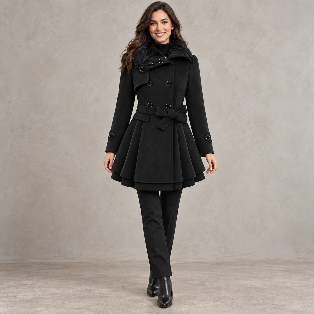 winter coat — Full front view; Black; complete product worn by a happy adult model — view 2