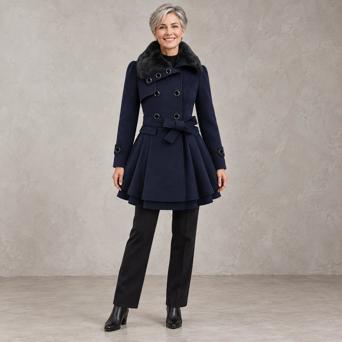 winter coat — Full front view; Navy Blue; complete product worn by a happy adult model — view 3