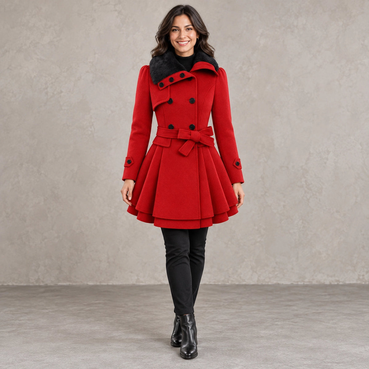 winter coat — Full front view; Red; complete product worn by a happy adult model — view 4