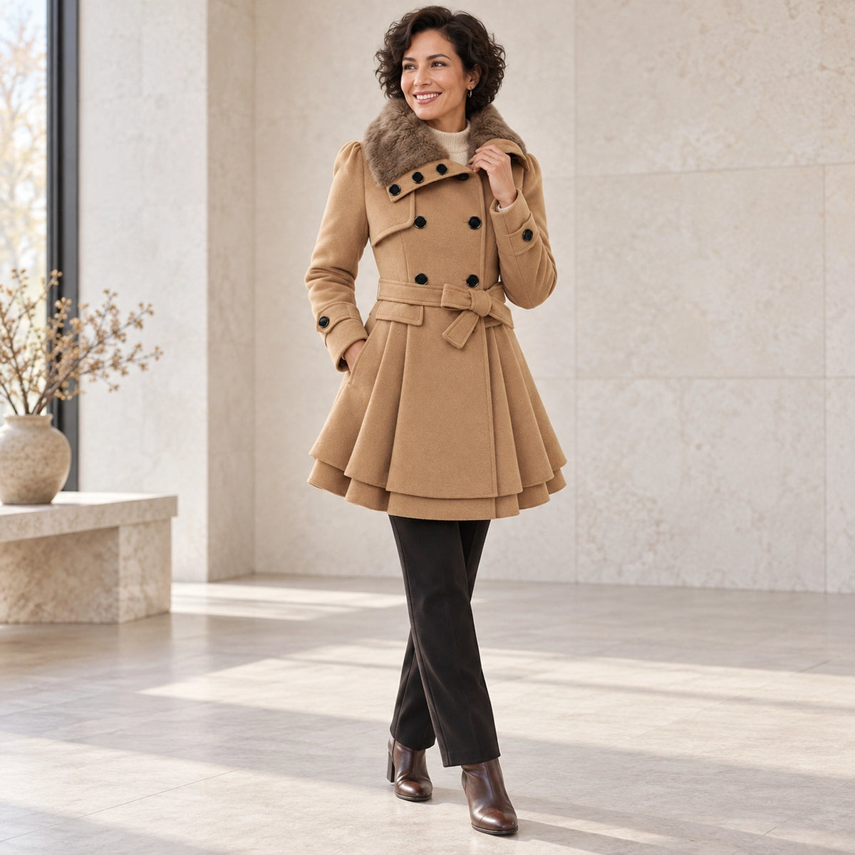 winter coat — Usa and Canada October–December three quarter view; Camel; complete product worn by a happy adult — view 5