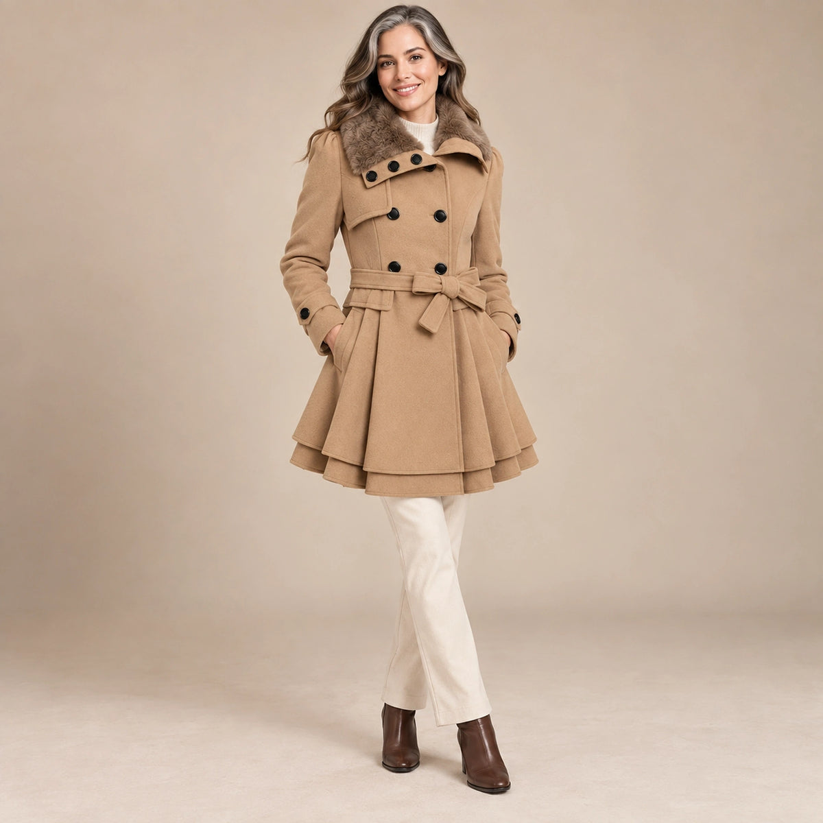 winter coat — Usa and Canada October–December alternate angle; Camel; complete product worn by a happy adult model — view 6