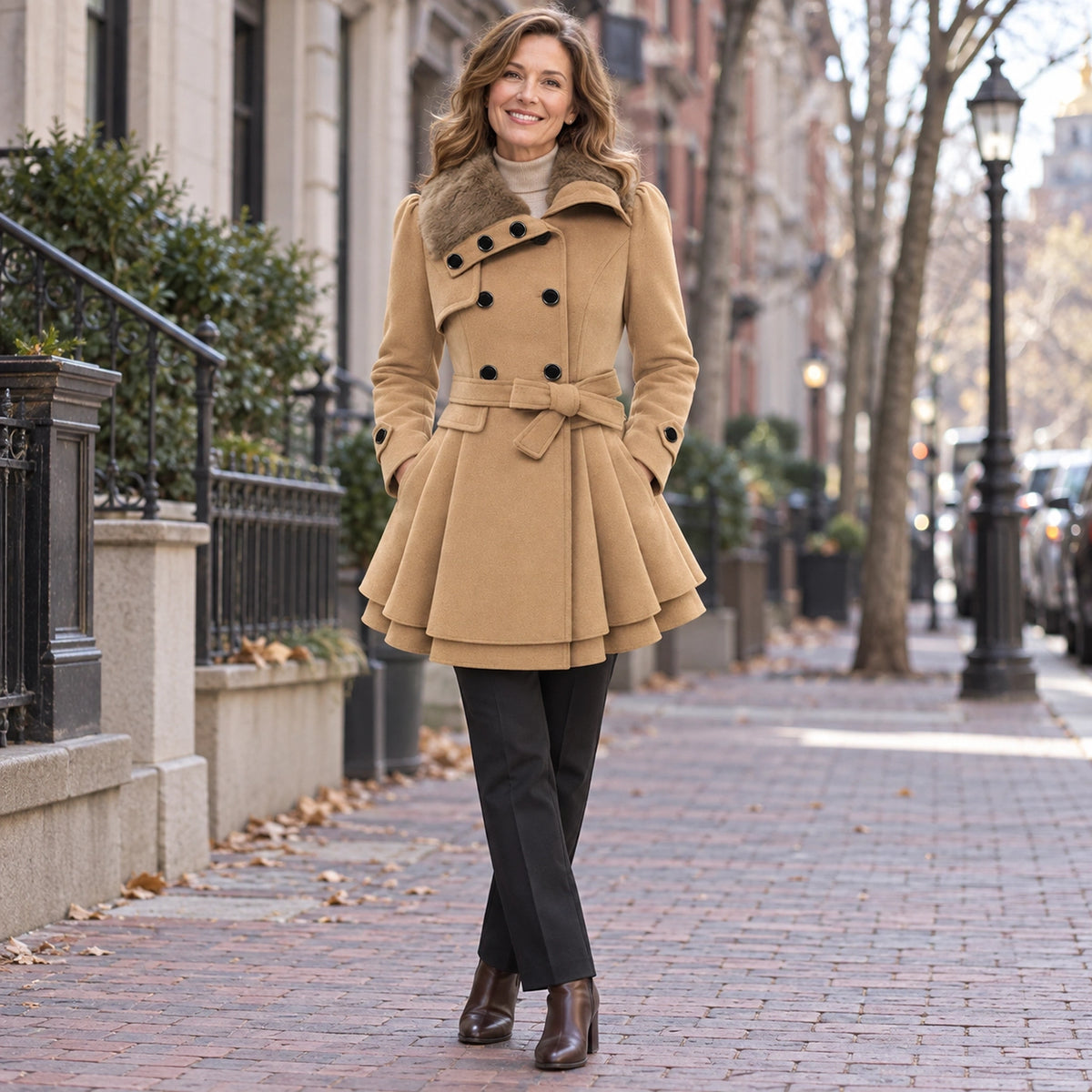 winter coat — Usa and Canada October–December 1; Camel; complete product worn by a happy adult model — view 7