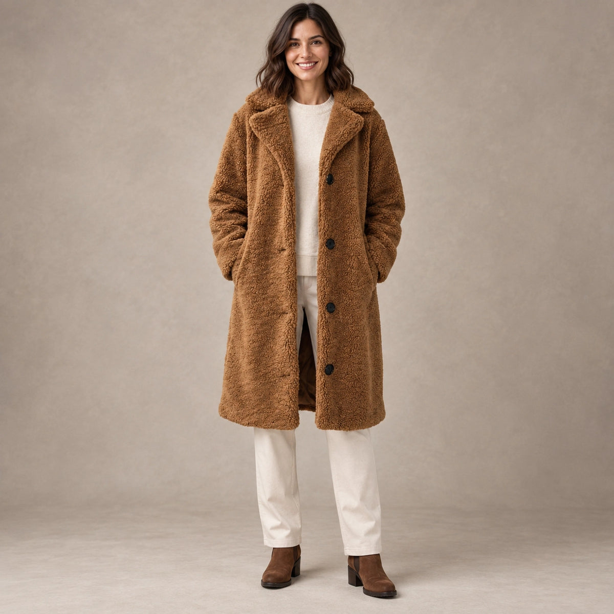 winter coat — Image; full front view; Brown; complete product worn by a happy adult model