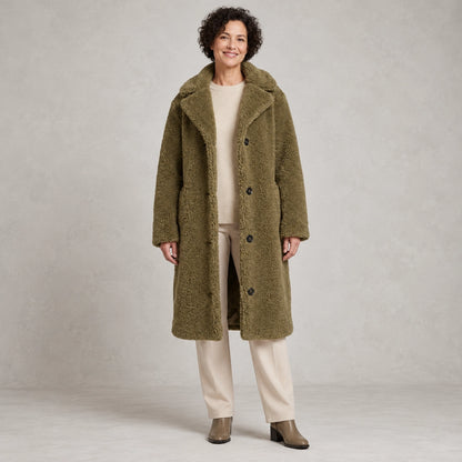 winter coat — Full front view; Olive Green; complete product worn by a happy adult model — view 2