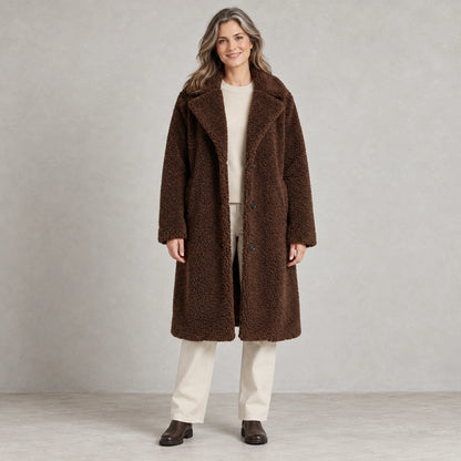 winter coat — Full front view; Dark Brown; complete product worn by a happy adult model — view 3