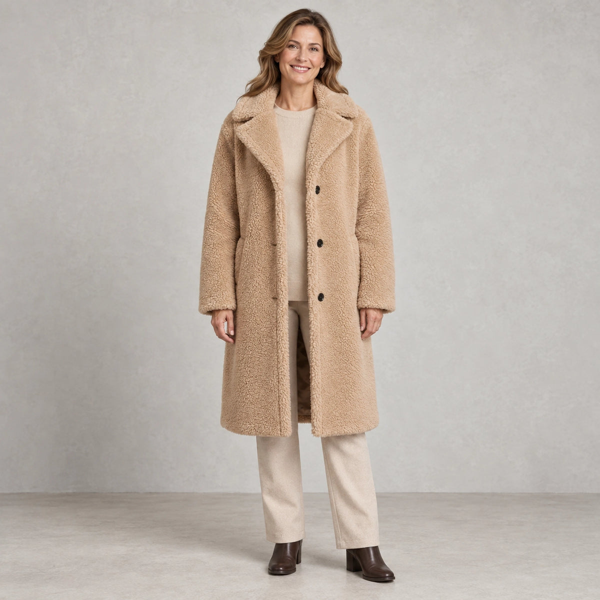 winter coat — Full front view; Beige; complete product worn by a happy adult model — view 4