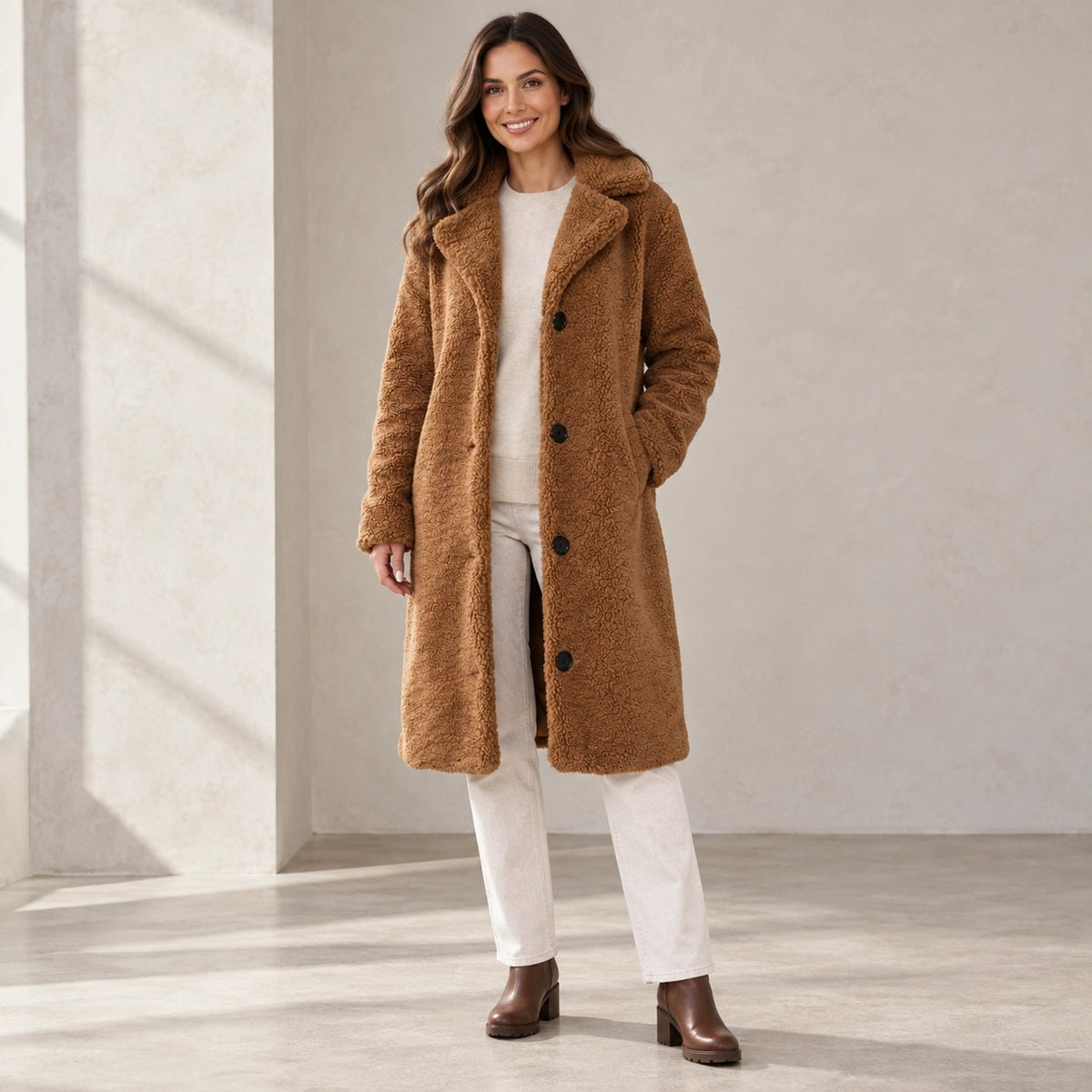 winter coat — Usa and Canada October–December three quarter view; Brown; complete product worn by a happy adult — view 5