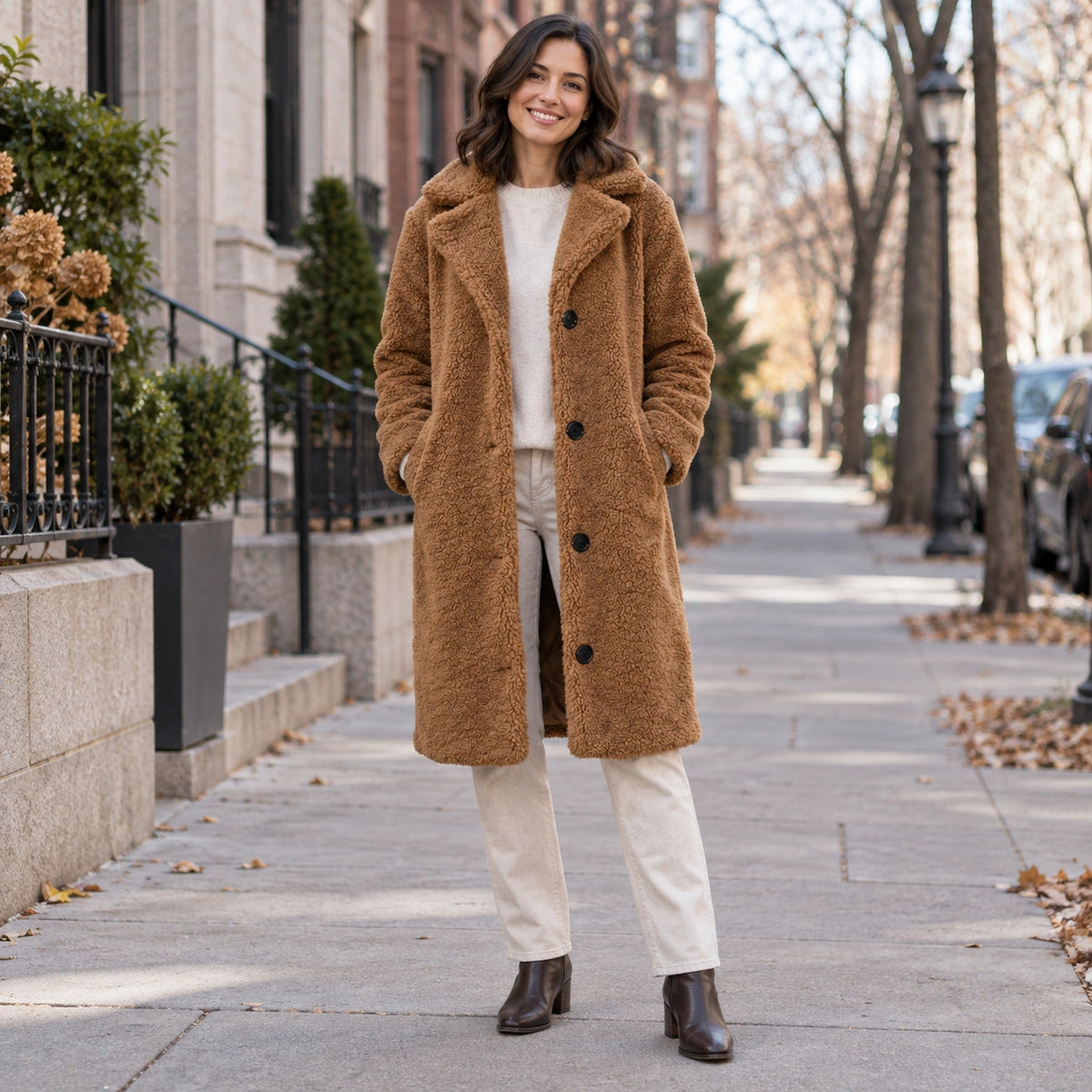 winter coat — Usa and Canada October–December 1; Brown; complete product worn by a happy adult model — view 7