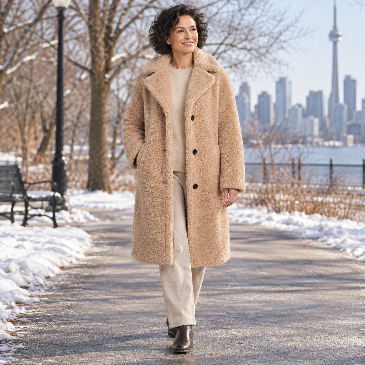 winter coat — Usa and Canada October–December 2; Beige; complete product worn by a happy adult model — view 8