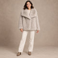 winter coat — Image; full front view; Light Gray; complete product worn by a happy adult model