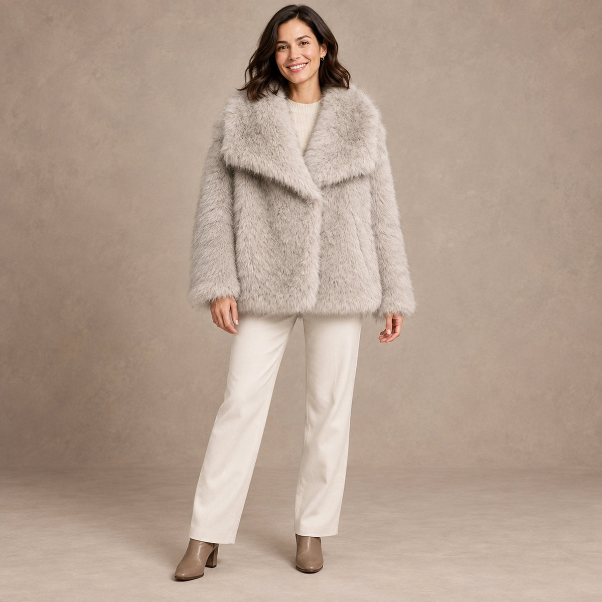 winter coat — Image; full front view; Light Gray; complete product worn by a happy adult model