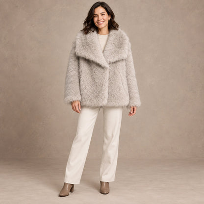 winter coat — Image; full front view; Light Gray; complete product worn by a happy adult model