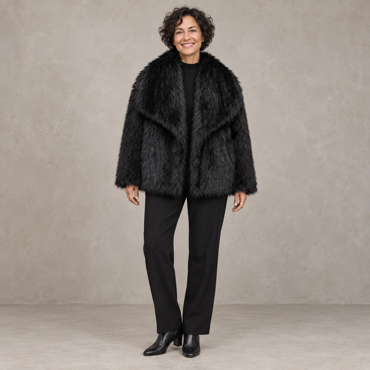 winter coat — Full front view; Black; complete product worn by a happy adult model — view 2