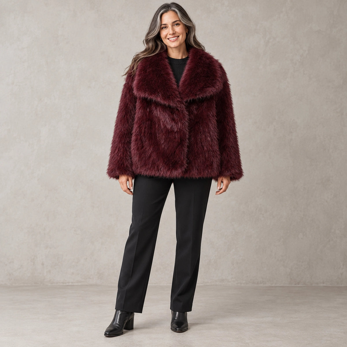 winter coat — Full front view; Burgundy; complete product worn by a happy adult model — view 3