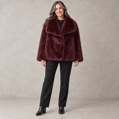 winter coat — Full front view; Burgundy; complete product worn by a happy adult model — view 3