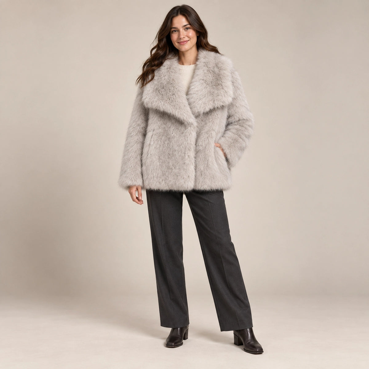 winter coat — Usa and Canada October–December alternate angle; Light Gray; complete product worn by a happy adult — view 5
