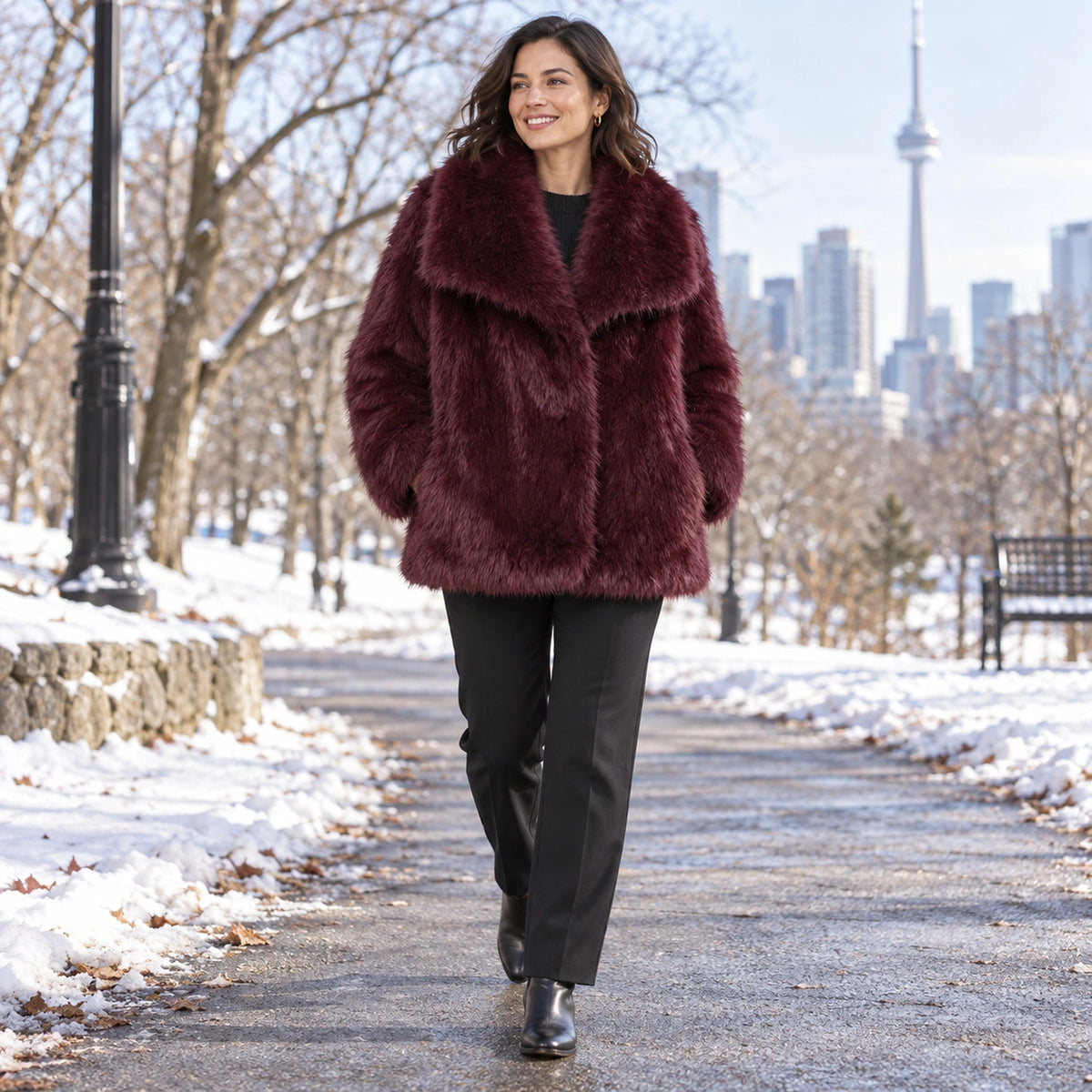 winter coat — Usa and Canada October–December 2; Burgundy; complete product worn by a happy adult model — view 7