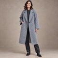 winter coat — Image; full front view; Gray; complete product worn by a happy adult model