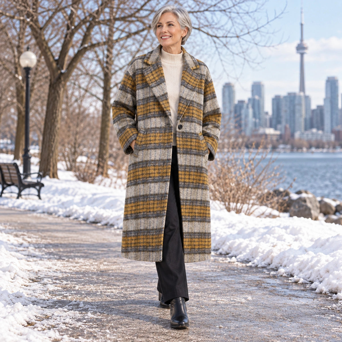 winter coat — Usa and Canada October–December 2; Yellow Gray Plaid; complete product worn by a happy adult model — view 12