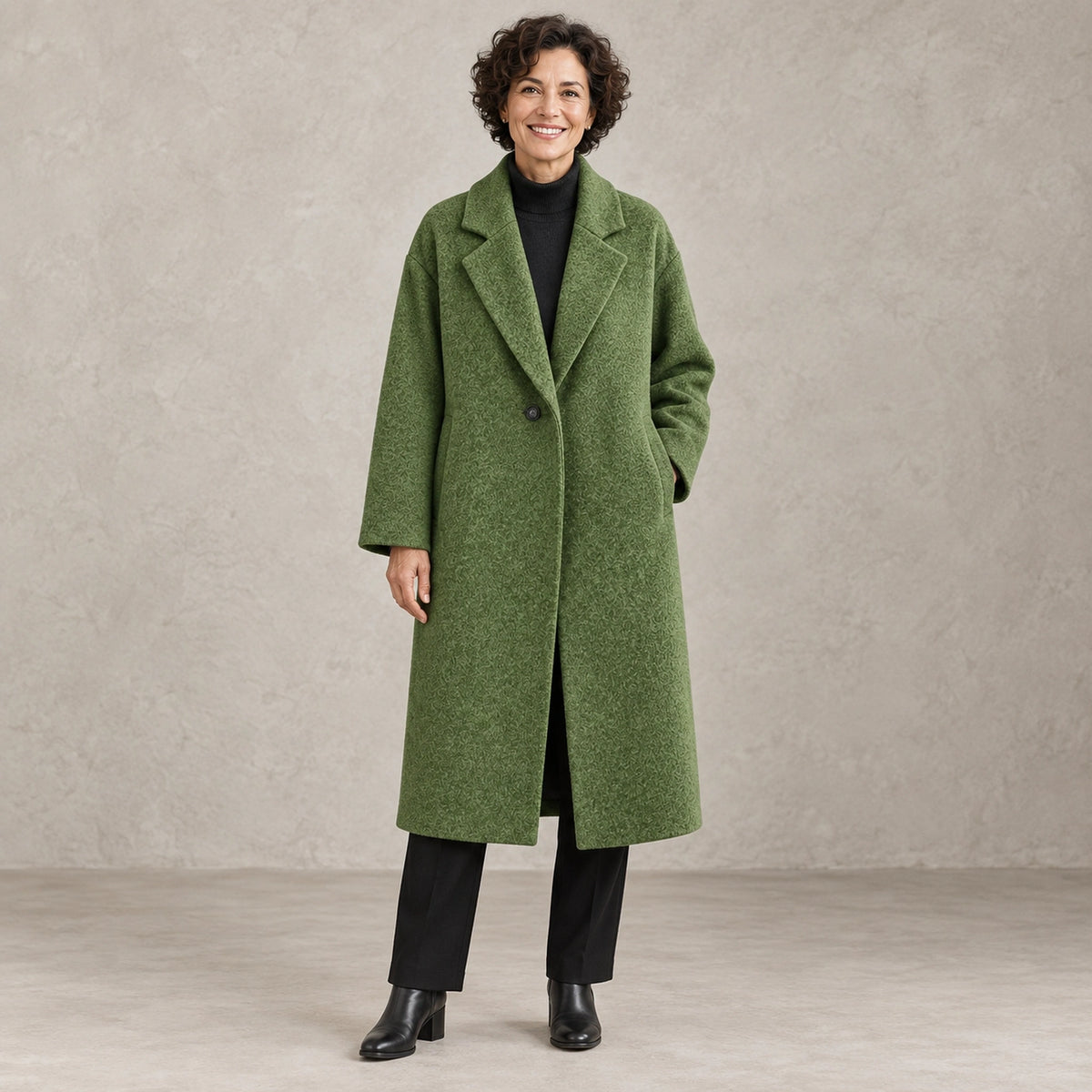 winter coat — Full front view; Green; complete product worn by a happy adult model — view 2