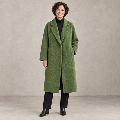 winter coat — Full front view; Green; complete product worn by a happy adult model — view 2