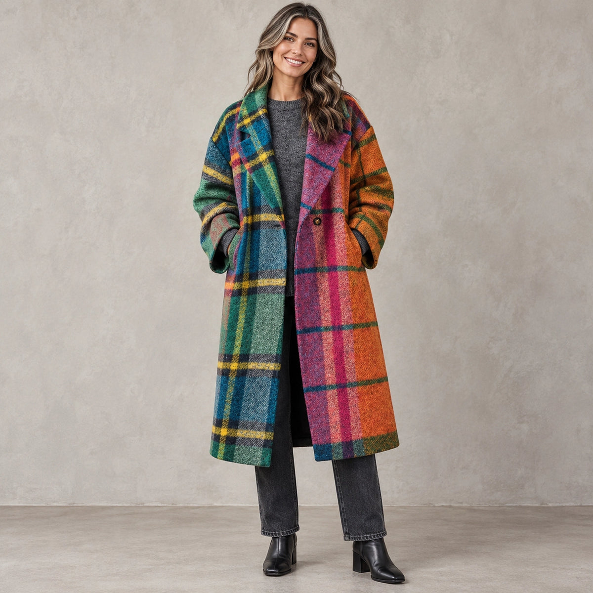 winter coat — Full front view; Multicolor Plaid; complete product worn by a happy adult model — view 3