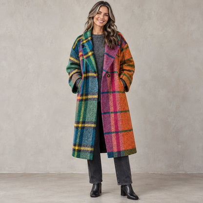 winter coat — Full front view; Multicolor Plaid; complete product worn by a happy adult model — view 3
