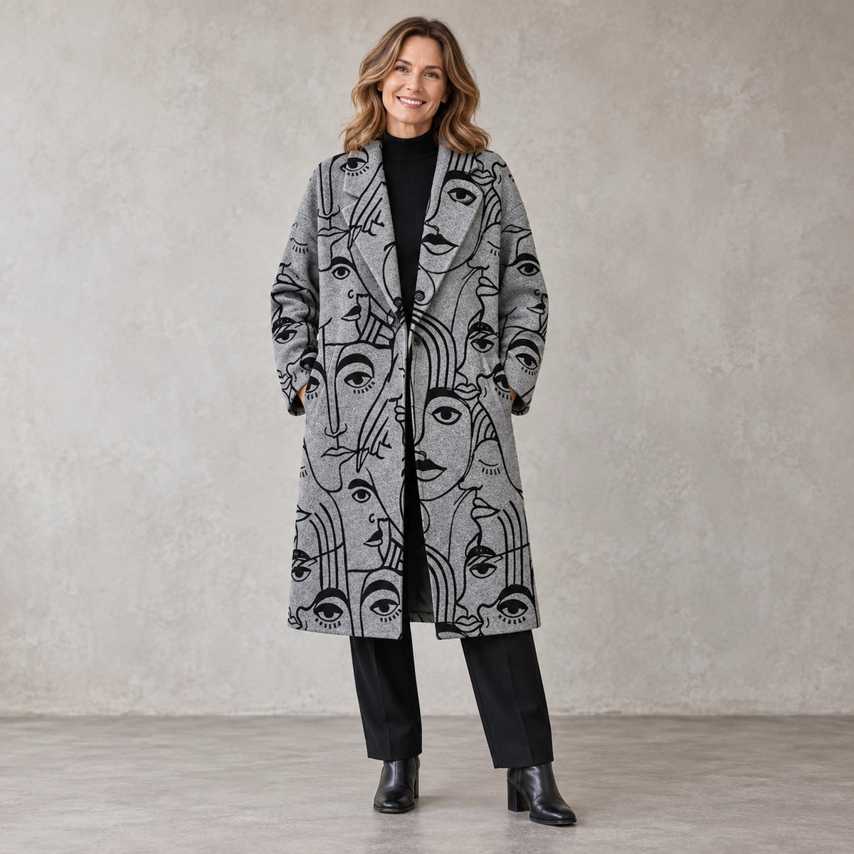 winter coat — Full front view; Gray Face Print; complete product worn by a happy adult model — view 4