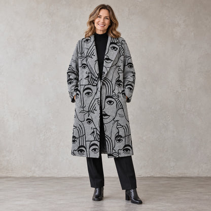 winter coat — Full front view; Gray Face Print; complete product worn by a happy adult model — view 4