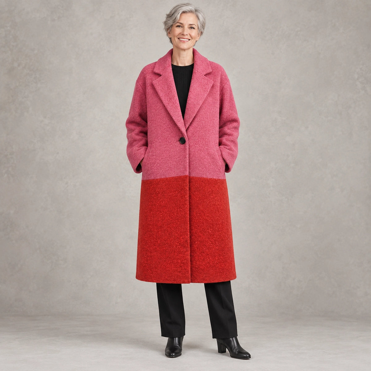 winter coat — Full front view; Pink Red Color Block; complete product worn by a happy adult model — view 6