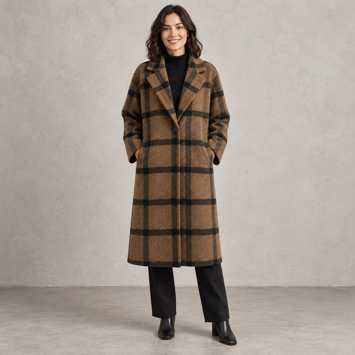 winter coat — Full front view; Brown Plaid; complete product worn by a happy adult model — view 7