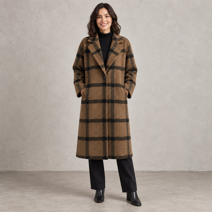 winter coat — Full front view; Brown Plaid; complete product worn by a happy adult model — view 7
