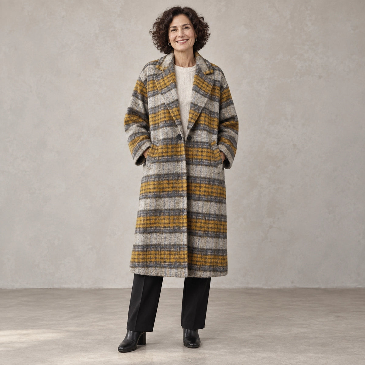 winter coat — Full front view; Yellow Gray Plaid; complete product worn by a happy adult model — view 8