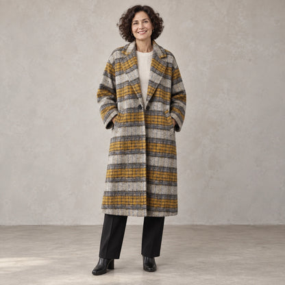 winter coat — Full front view; Yellow Gray Plaid; complete product worn by a happy adult model — view 8