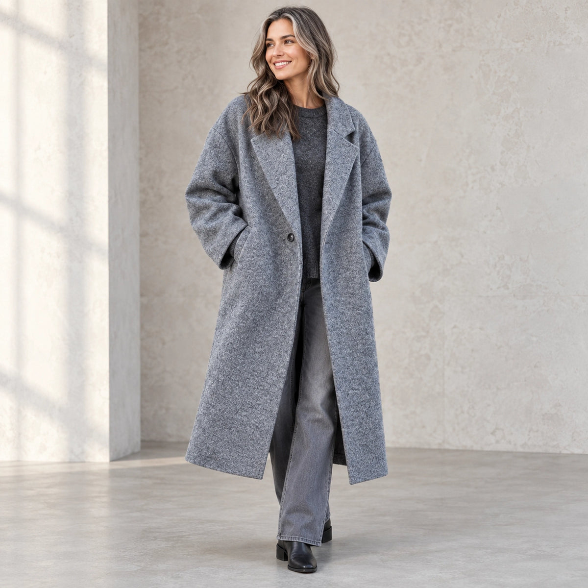 winter coat — Usa and Canada October–December three quarter view; Gray; complete product worn by a happy adult model — view 9