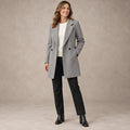 winter coat — Image; full front view; Gray; complete product worn by a happy adult model
