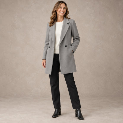 winter coat — Image; full front view; Gray; complete product worn by a happy adult model