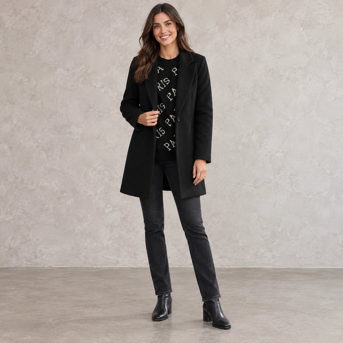 winter coat — Full front view; Black; complete product worn by a happy adult model — view 2